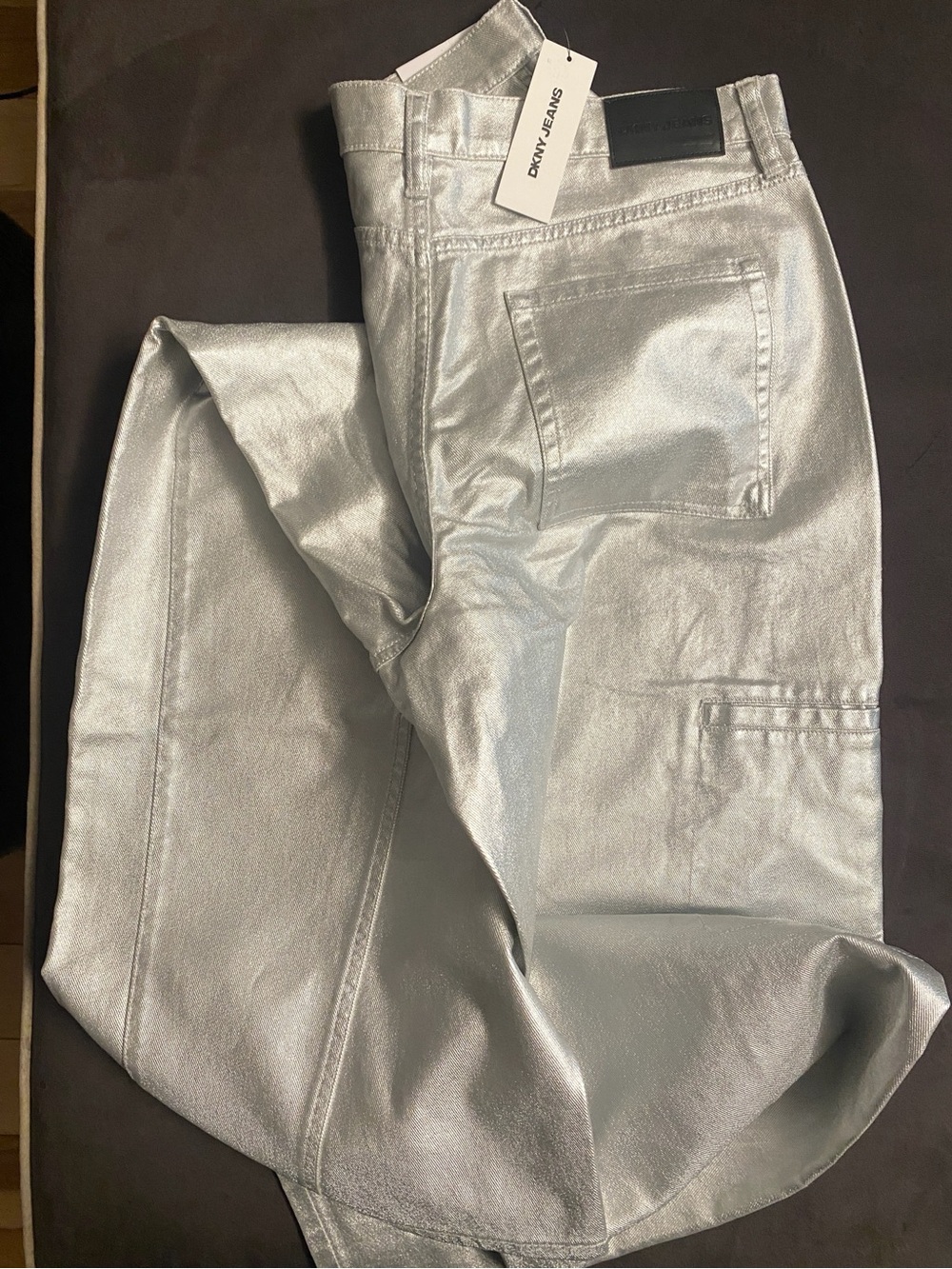 DKNY Metallic Silver Jeans,Wide Pants Silver Metallic💯Cotton Pockets,Size 31 New